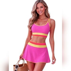 Popvil 3-Piece Tankini Bikini Skirt Set Pink Orange Yellow Size M